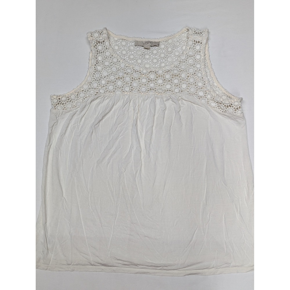 LOFT Womens White Crochet Floral Lace Yoke Sleeveless Tank Top Size M Relaxed